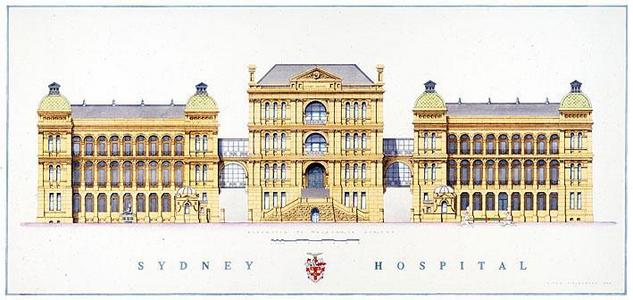 Painting of Sydney Hospital by Simon Fieldhouse, Watercolour and ink on paper, Courtesy of Simon Fieldhouse, Copyright Simon Fieldhouse